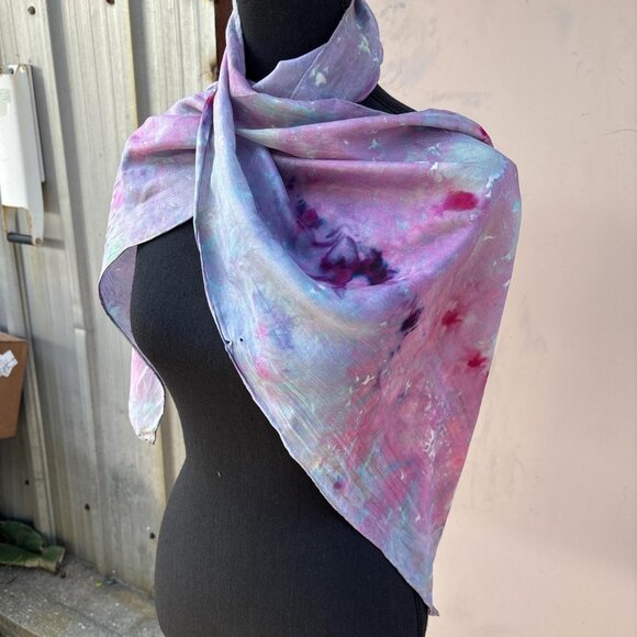 Hand Dyed Silk Scarf Purple Womens Small Batch Ice Dye Boho - Picture 6 of 8